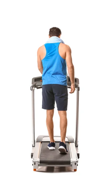 Entrenamiento Hombre Joven Deportivo Cinta Correr Sobre Fondo Blanco —  Fotos de Stock