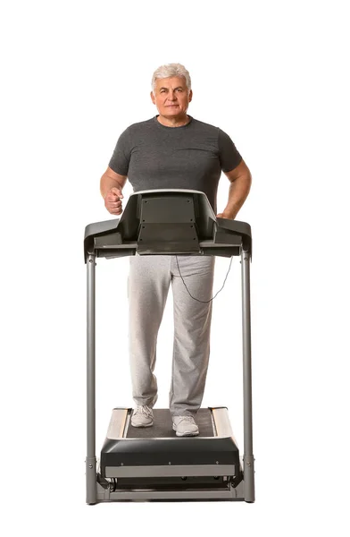 Senior Man Training Treadmill White Background — Stock Photo, Image