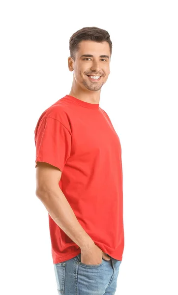 Hombre Elegante Camiseta Sobre Fondo Blanco — Foto de Stock