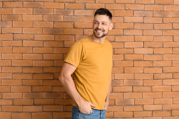 Man Stylish Shirt Brick Wall — Stock Photo, Image