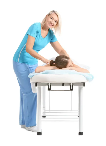 Massage Therapist Working Female Patient White Background — Stock Photo, Image