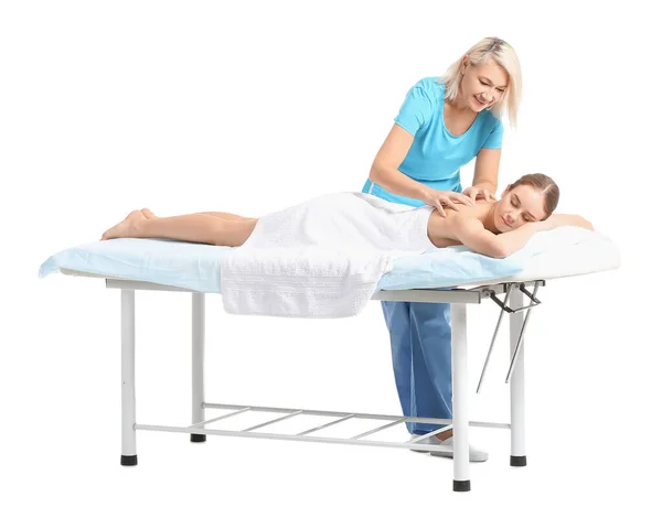 Massaggiatore Che Lavora Con Paziente Donna Sfondo Bianco — Foto Stock