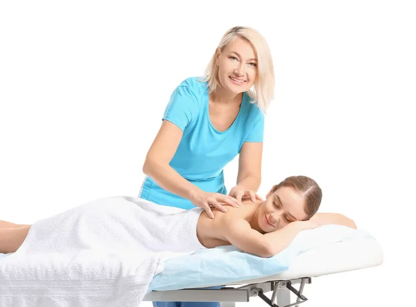 Massagetherapeutin Arbeitet Mit Patientin Auf Weißem Hintergrund — Stockfoto
