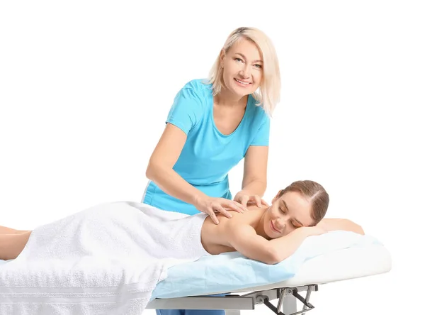 Massage Therapeut Werken Met Vrouwelijke Patiënt Witte Achtergrond — Stockfoto