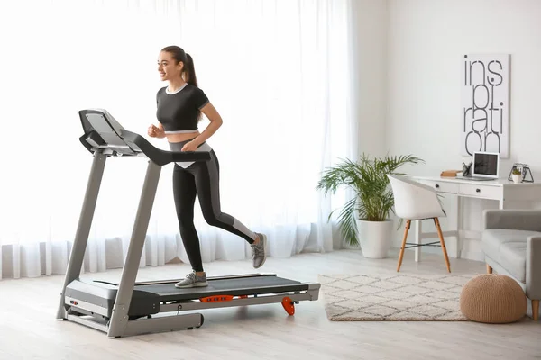 Sporty Young Woman Training Treadmill Home — Stock Photo, Image