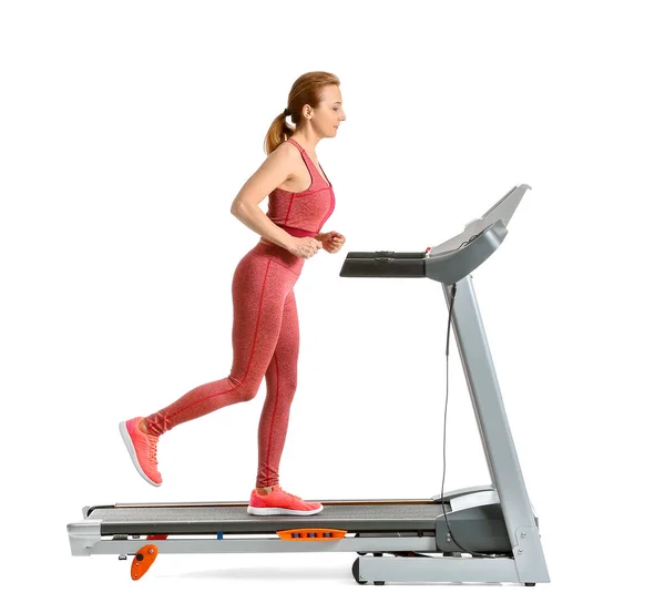 Sporty Woman Training Treadmill White Background — Stock Photo, Image