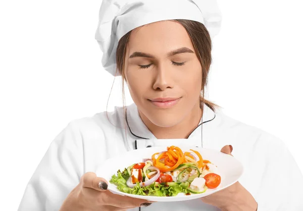 Transznemű Szakács Salátával Fehér Alapon — Stock Fotó
