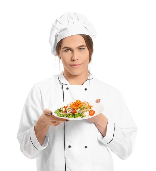 Transgender Chef Met Salade Witte Achtergrond — Stockfoto