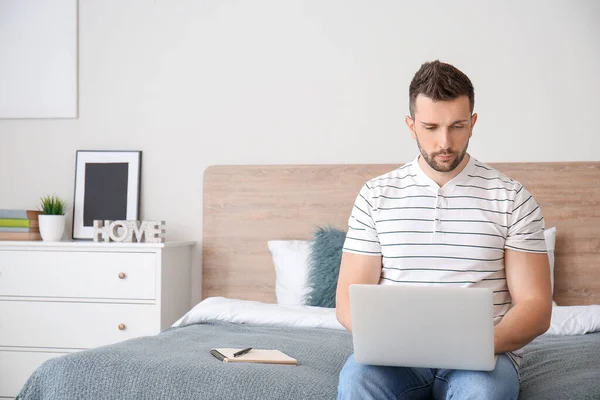 Young Man Laptop Working Home — Stock Photo, Image