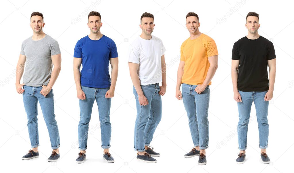 Collage with men in stylish t-shirts on white background
