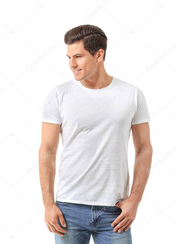 Man in stylish t-shirt on white background