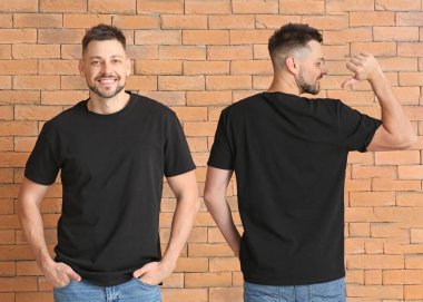 Tuğla duvarın yanındaki şık tişörtlü adam. Ön ve arka görünüm