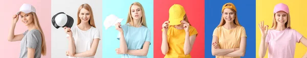 Hermosa Mujer Joven Con Elegantes Gorras Sobre Fondo Colorido —  Fotos de Stock