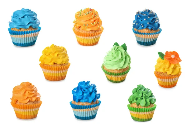 Many Tasty Colorful Cupcakes White Background — Stock Photo, Image