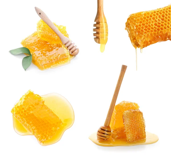 Set Fresh Honeycombs White Background — Stock Photo, Image