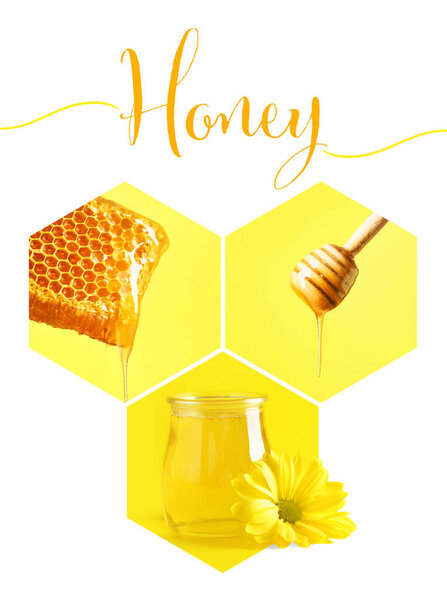 Composition with sweet honey on white background
