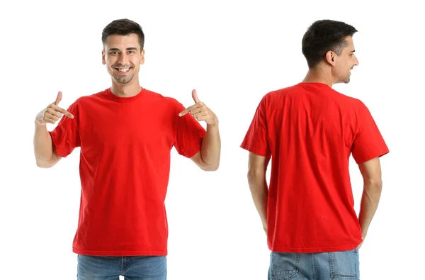Man Snygg Shirt Vit Bakgrund Fram Och Baksida — Stockfoto