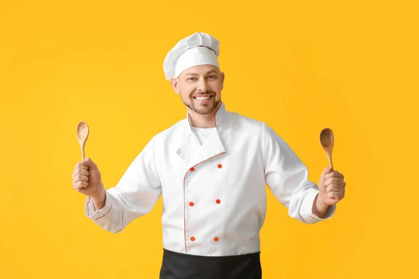 Portret Van Mannelijke Chef Kok Kleur Achtergrond — Stockfoto