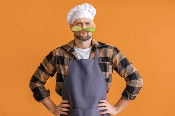 Retrato Chef Masculino Engraçado Fundo Cor — Fotografia de Stock