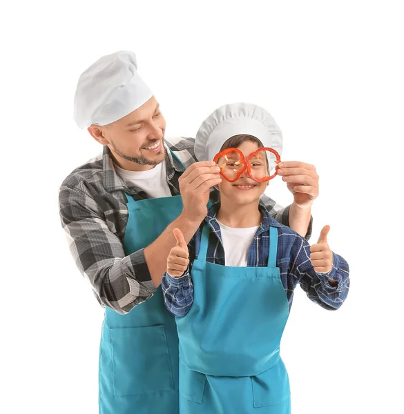 Portrait Male Chef His Little Son White Background — Stock Photo, Image