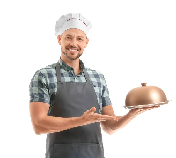 Portret Van Mannelijke Chef Kok Witte Achtergrond — Stockfoto
