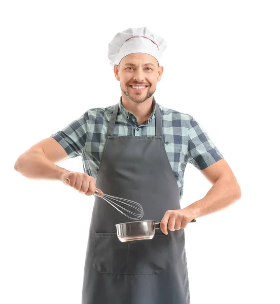 Portret Van Mannelijke Chef Kok Witte Achtergrond — Stockfoto