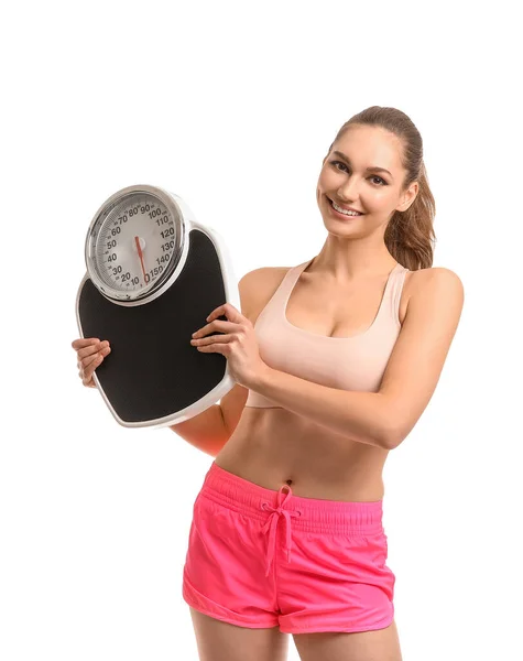 Junge Frau Mit Gewichtswaage Auf Weißem Hintergrund — Stockfoto