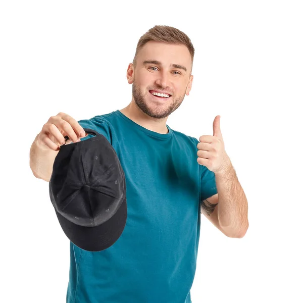 一个英俊的男人 头戴一顶时髦的帽子 有着白色背景的大拇指 — 图库照片