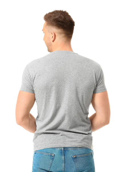 Man Met Stijlvol Shirt Witte Achtergrond — Stockfoto