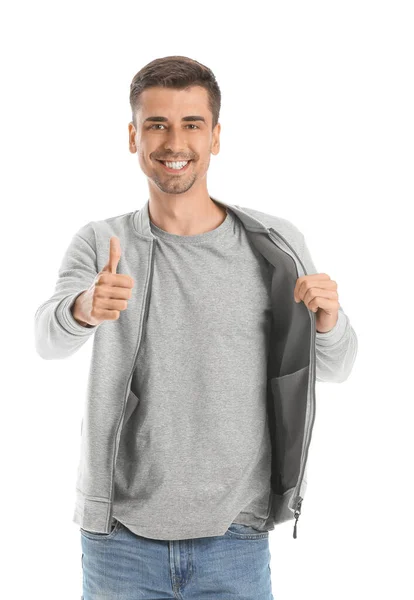 Homem Elegante Shirt Mostrando Polegar Fundo Branco — Fotografia de Stock