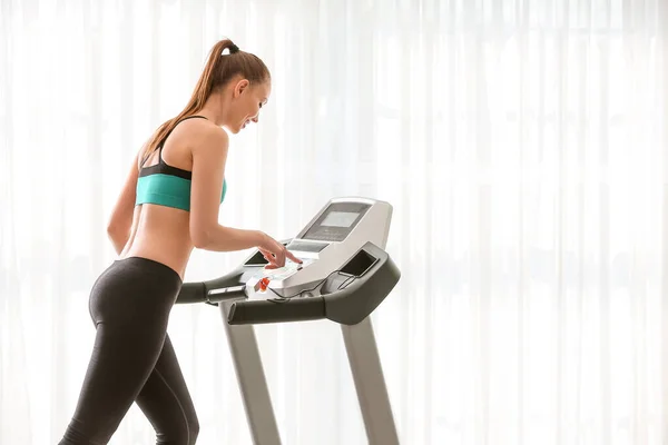 Sporty Young Woman Training Treadmill Home — Stock Photo, Image