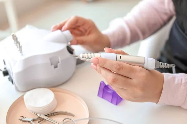 Manicure Master Working Modern Milling Cutter Beauty Salon Closeup — Stock Photo, Image