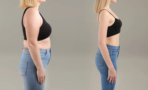 Woman before and after weight loss on grey background