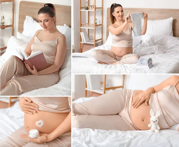 Collage Photos Beautiful Pregnant Woman Bedroom — Stock Photo, Image