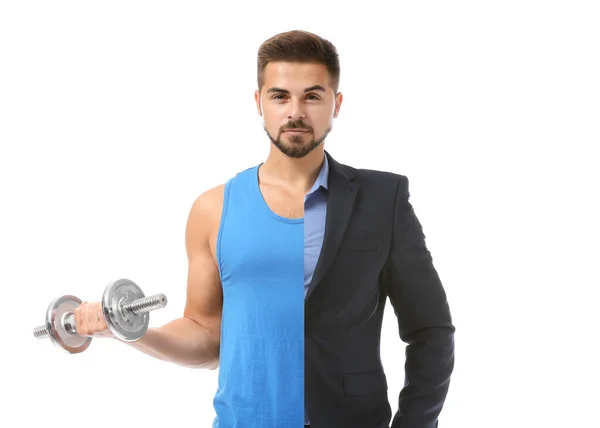 Retrato Comparação Homem Roupas Formais Esportivas Fundo Branco — Fotografia de Stock