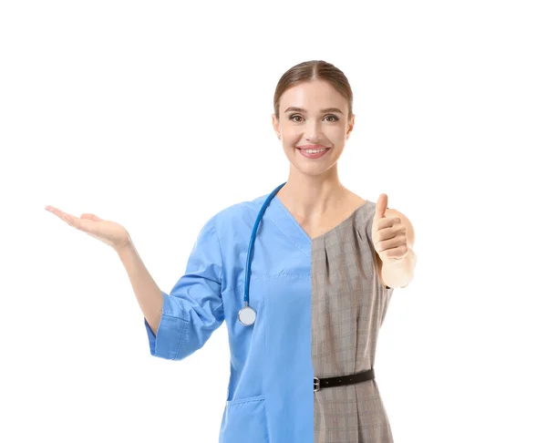 Vergelijking Portret Van Vrouw Uniform Van Arts Formele Kleding Witte — Stockfoto