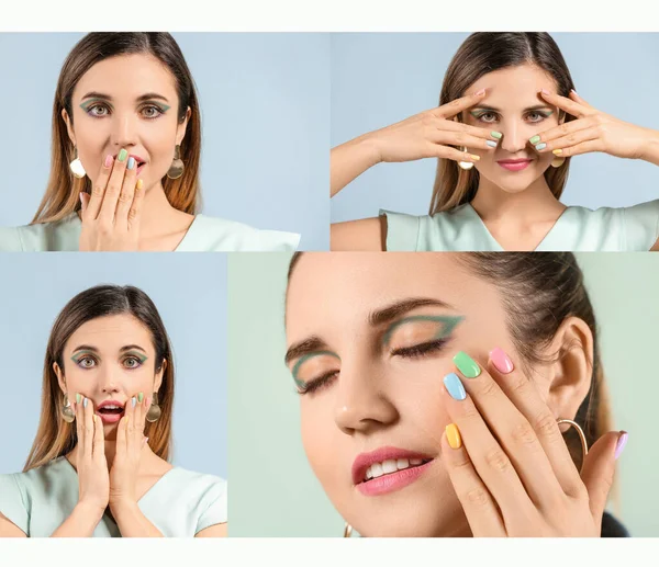 Young Woman Beautiful Manicure Color Background — Stock Photo, Image