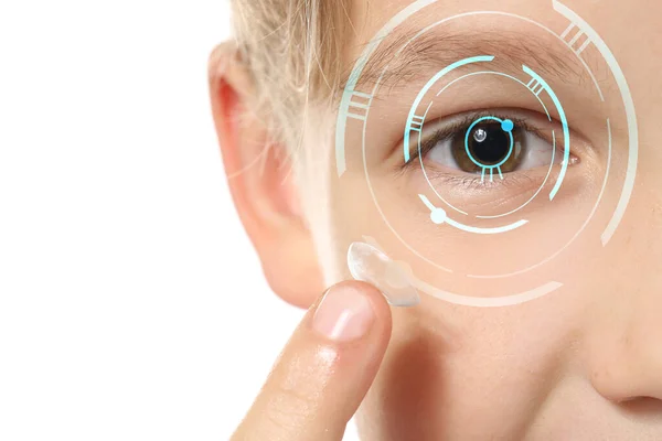 Little Boy Putting Contact Lens White Background Closeup — Stock Photo, Image