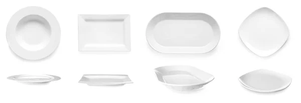 Set Empty Ceramic Plates White Background — Stock Photo, Image
