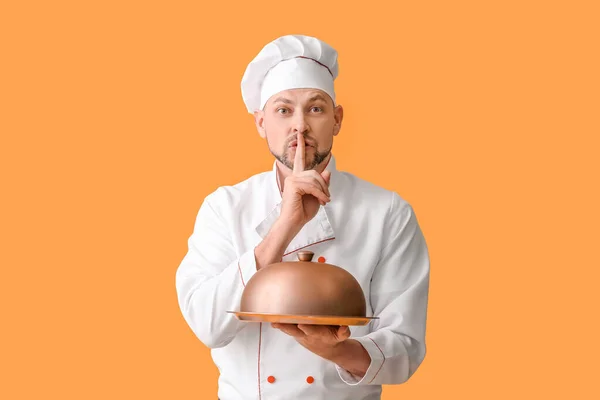 Portrait Male Chef Showing Silence Gesture Color Background — Stock Photo, Image