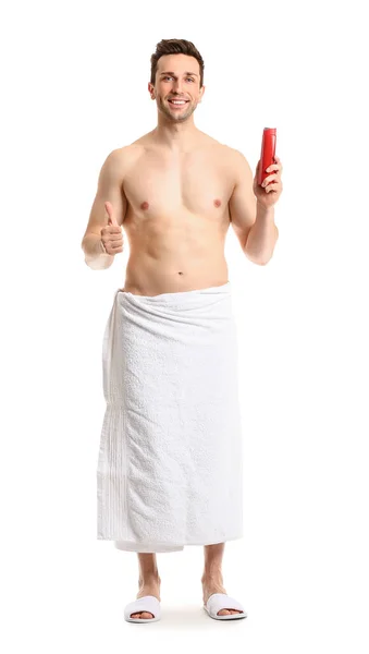 Jóképű Férfi Zuhanyzóval Gél Fehér Háttér — Stock Fotó
