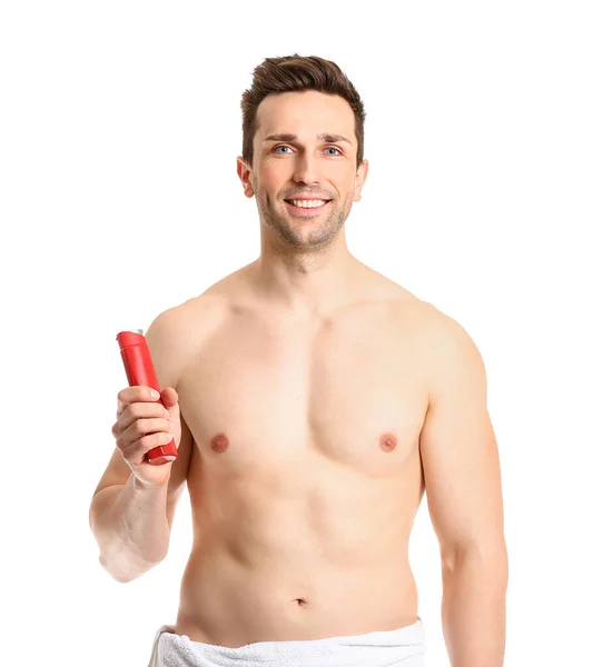 Hombre Guapo Con Gel Ducha Sobre Fondo Blanco — Foto de Stock