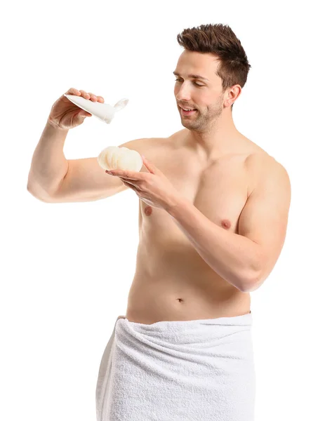 Snygg Man Med Dusch Gel Och Luffa Vit Bakgrund — Stockfoto