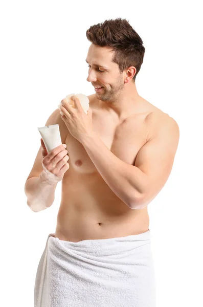 Hombre Guapo Con Gel Ducha Esponja Sobre Fondo Blanco — Foto de Stock