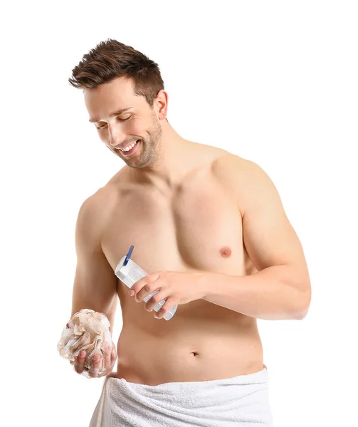 Hombre Guapo Con Gel Ducha Esponja Sobre Fondo Blanco — Foto de Stock