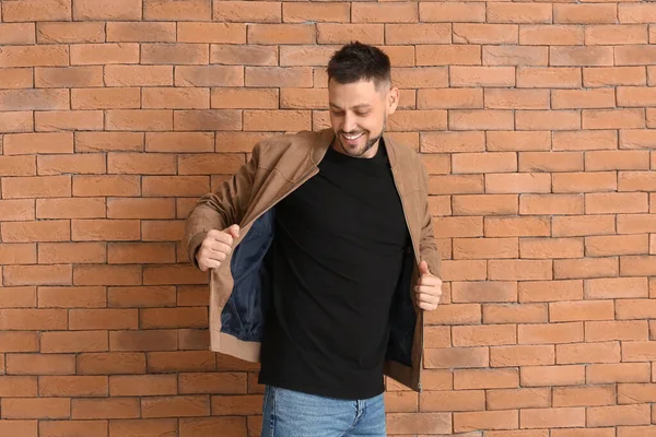 Man Stylish Shirt Brick Wall — Stock Photo, Image