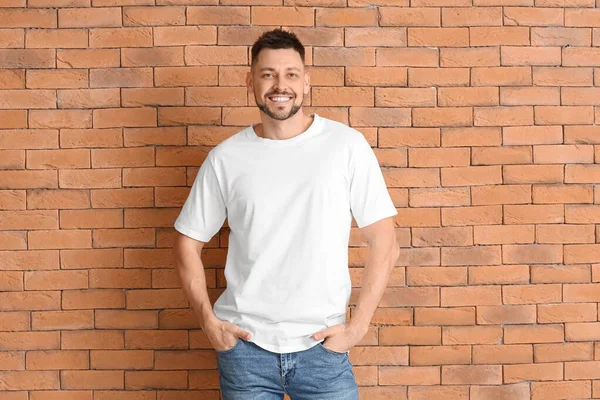 Man Stylish Shirt Brick Wall — Stock Photo, Image