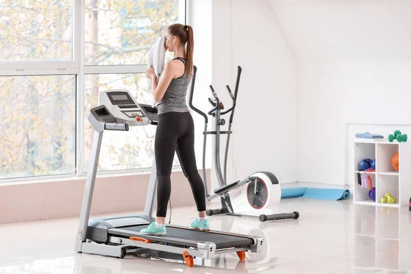 Sporty Young Woman Resting Training Treadmill Gym — Stock Photo, Image