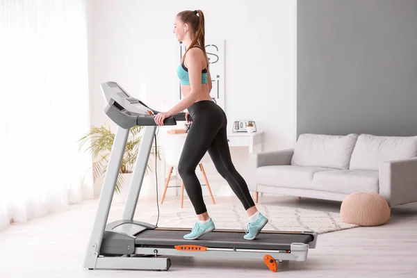 Sporty Young Woman Training Treadmill Home — Stock Photo, Image