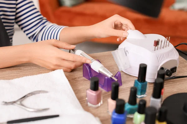 Manicure Master Working Modern Milling Cutter Beauty Salon Closeup — Stock Photo, Image
